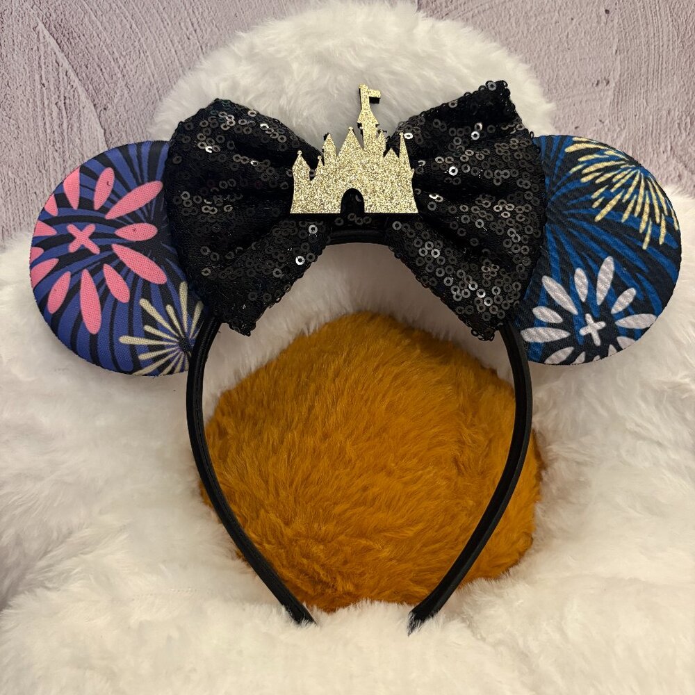 Minnie Mouse Ears Headband Black Sequin Castle Bow (SKU: 123MI)